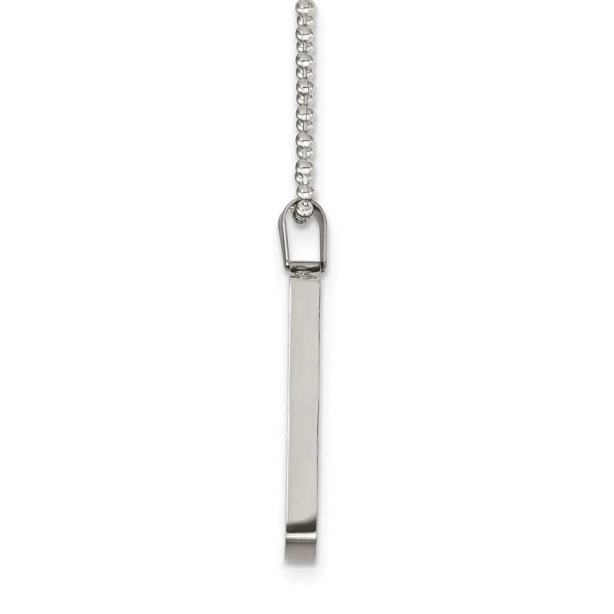 A silver rectangular pendant hangs from a thin chain, displayed against a white background.