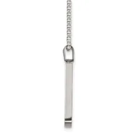 A silver rectangular pendant hangs from a thin chain, displayed against a white background.