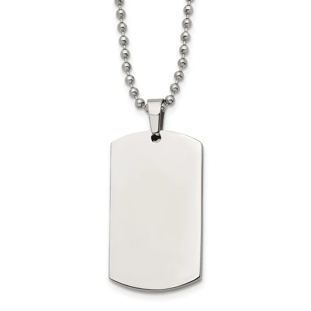 A polished stainless steel dog tag pendant with rounded corners hanging from a ball chain necklace.