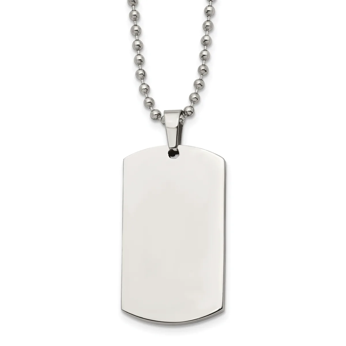 A polished stainless steel dog tag pendant with rounded corners hanging from a ball chain necklace.