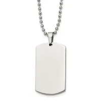 A polished stainless steel dog tag pendant with rounded corners hanging from a ball chain necklace.