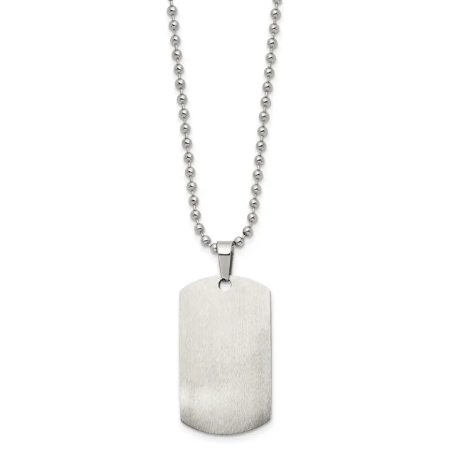 Stainless steel ball chain necklace with a brushed finish rectangular dog tag pendant.