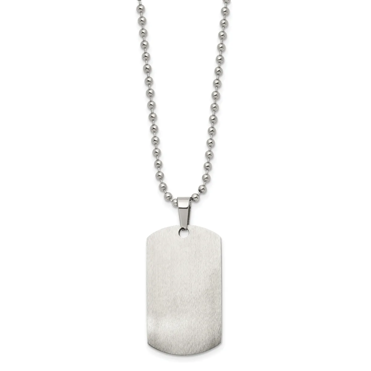 Stainless steel ball chain necklace with a brushed finish rectangular dog tag pendant.