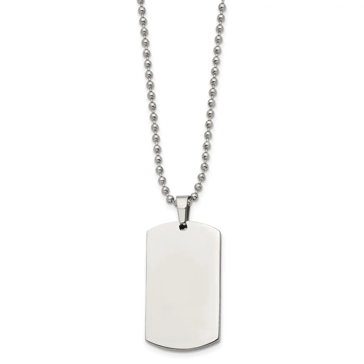 A stainless steel ball chain necklace with a rectangular dog tag pendant featuring rounded corners and a polished finish.