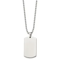 A stainless steel ball chain necklace with a rectangular dog tag pendant featuring rounded corners and a polished finish.