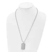 A silver-toned chain necklace with a rectangular pendant displayed on a white mannequin bust.
