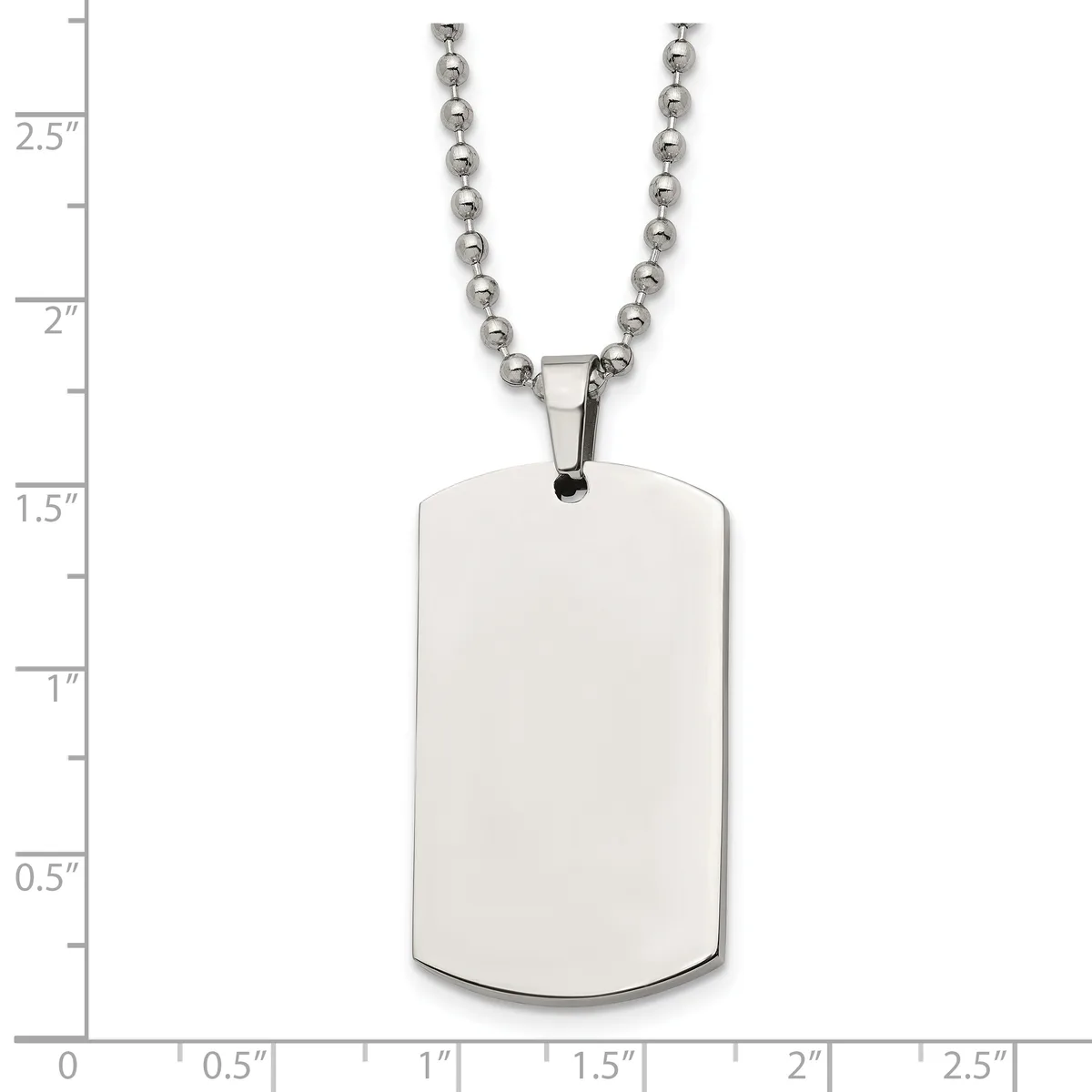 A polished stainless steel dog tag pendant with rounded corners hangs from a beaded chain, shown against a measurement scale indicating approximately 1.25 inches in height.