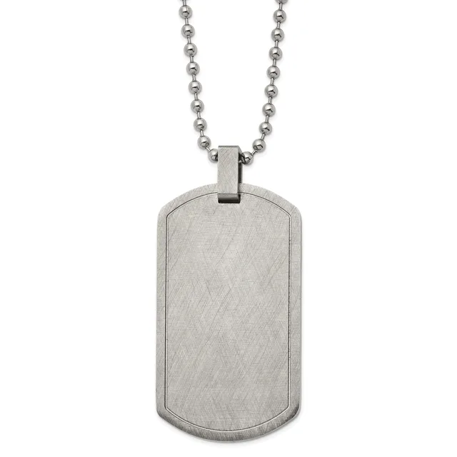 Brushed stainless steel dog tag pendant with rounded corners hanging from a ball chain necklace.