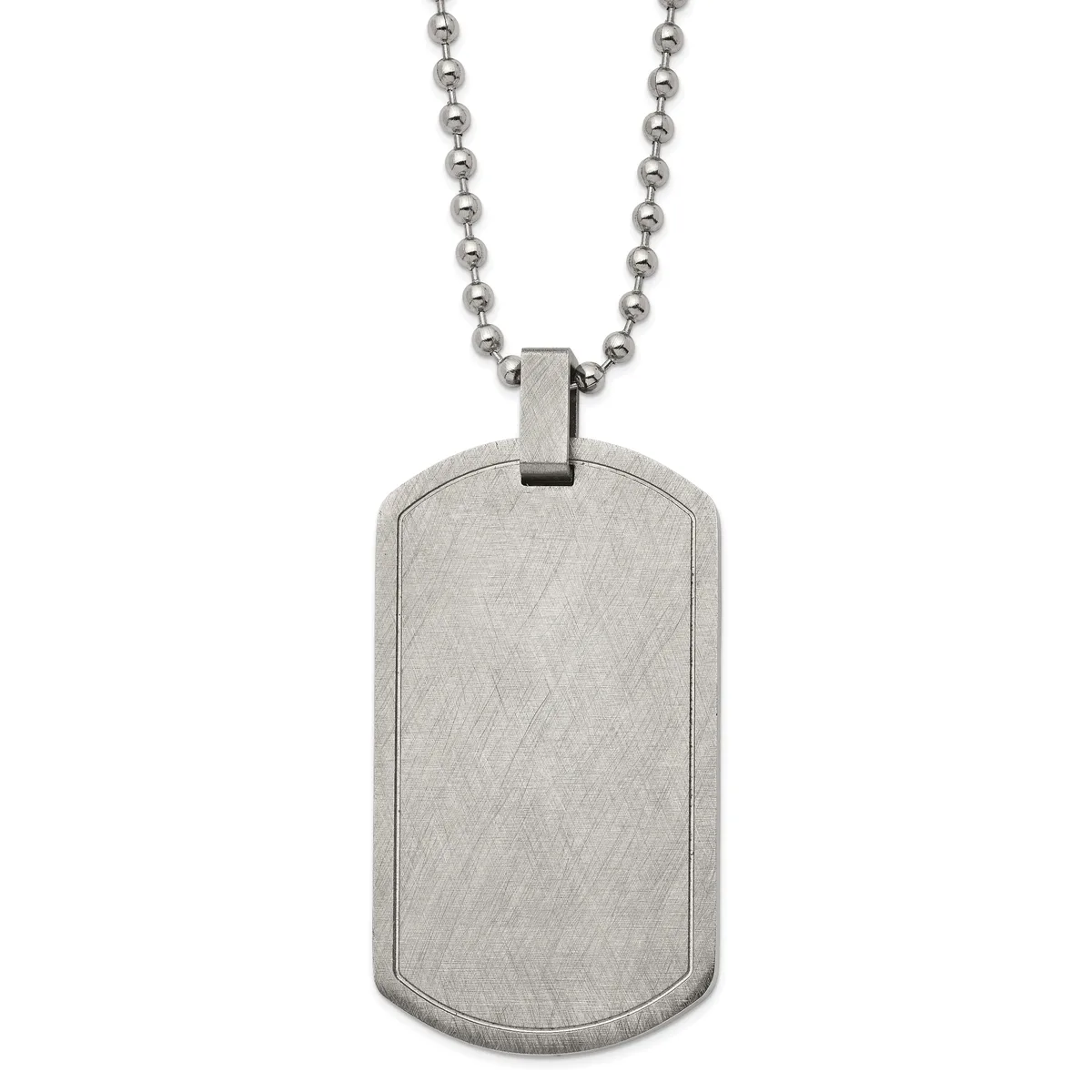 Brushed stainless steel dog tag pendant with rounded corners hanging from a ball chain necklace.