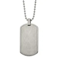 Brushed stainless steel dog tag pendant with rounded corners hanging from a ball chain necklace.