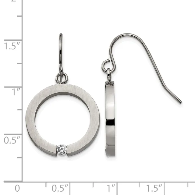 A pair of brushed silver circular drop earrings with a small diamond accent, displayed on a measurement scale showing approximately 1.5 inches in length.