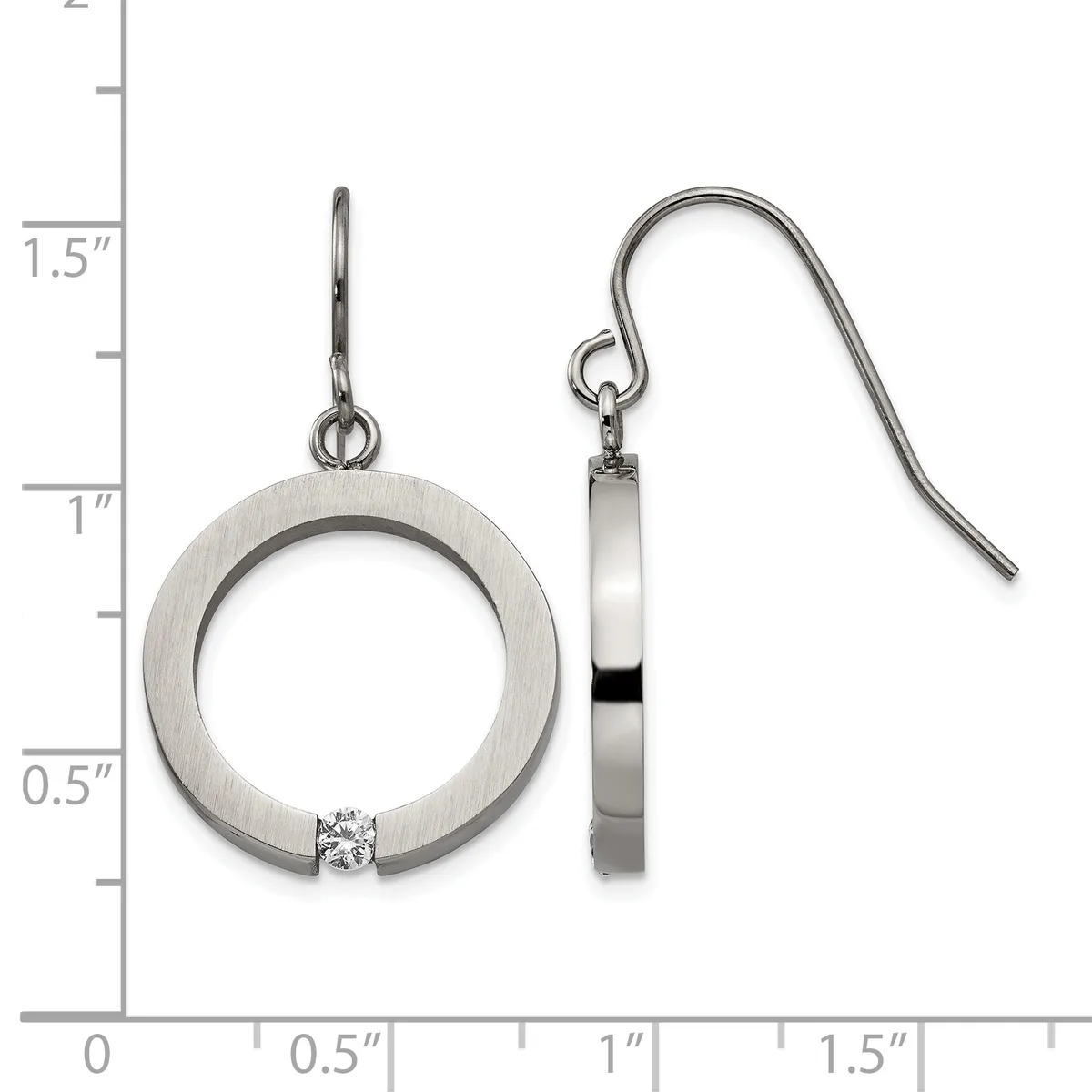 A pair of brushed silver circular drop earrings with a small diamond accent, displayed on a measurement scale showing approximately 1.5 inches in length.