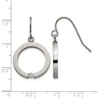 A pair of brushed silver circular drop earrings with a small diamond accent, displayed on a measurement scale showing approximately 1.5 inches in length.