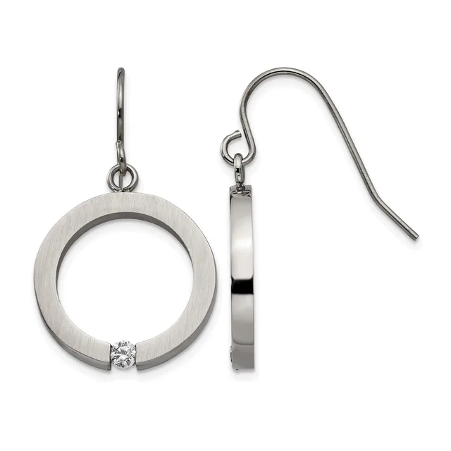 Pair of silver-tone circular drop earrings with brushed finish, each featuring a small diamond accent, suspended from curved ear wires.