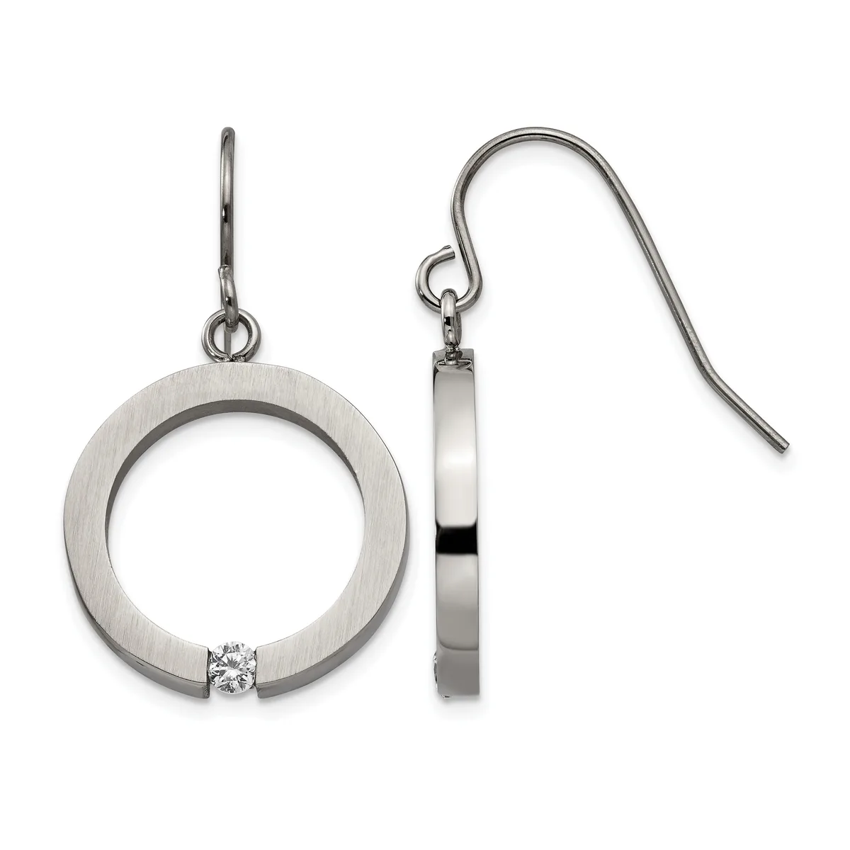 Pair of silver-tone circular drop earrings with brushed finish, each featuring a small diamond accent, suspended from curved ear wires.
