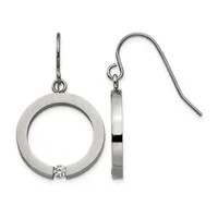 Pair of silver-tone circular drop earrings with brushed finish, each featuring a small diamond accent, suspended from curved ear wires.