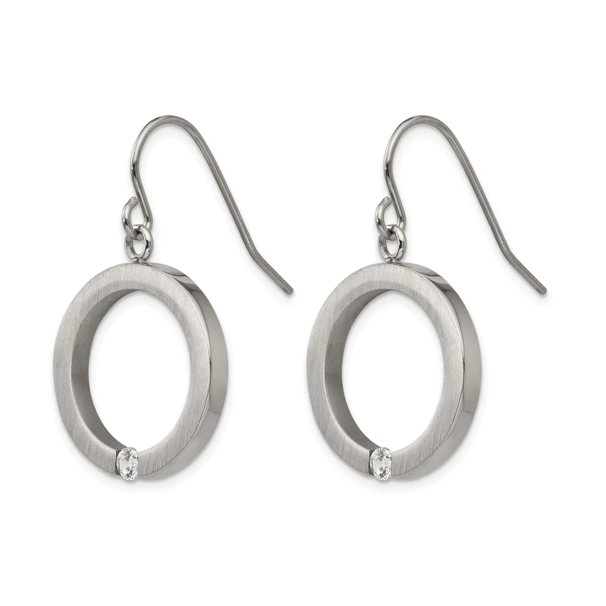 A pair of silver oval drop earrings with a brushed finish and small diamond accents, suspended from curved ear wires.