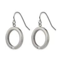 A pair of silver oval drop earrings with a brushed finish and small diamond accents, suspended from curved ear wires.