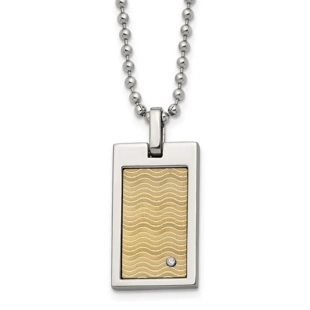 Stainless steel rectangular pendant with gold-toned textured center and small diamond accent, suspended from a ball chain necklace.