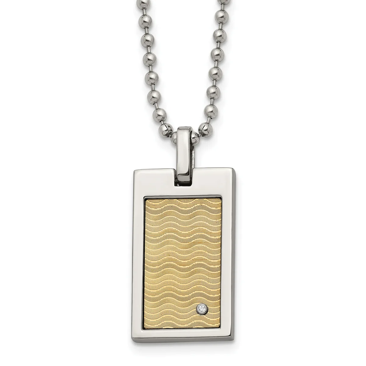Stainless steel rectangular pendant with gold-toned textured center and small diamond accent, suspended from a ball chain necklace.