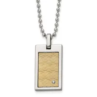 Stainless steel rectangular pendant with gold-toned textured center and small diamond accent, suspended from a ball chain necklace.