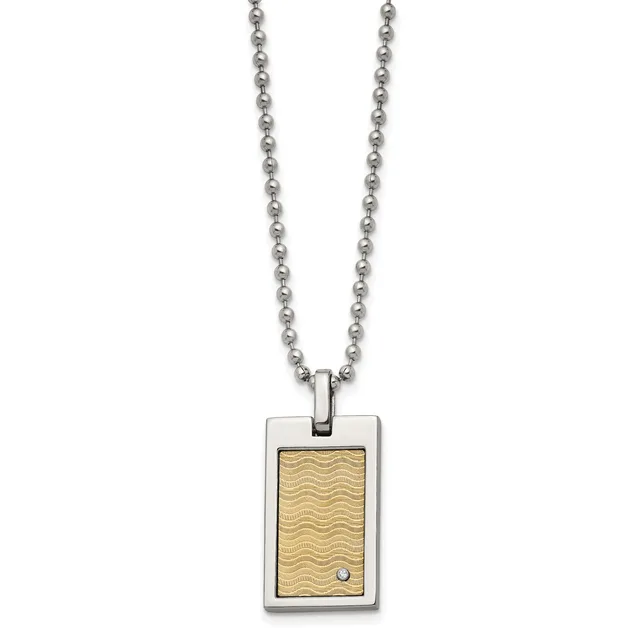 Stainless steel chain necklace with a rectangular pendant featuring a gold-colored textured front panel and a small diamond accent.