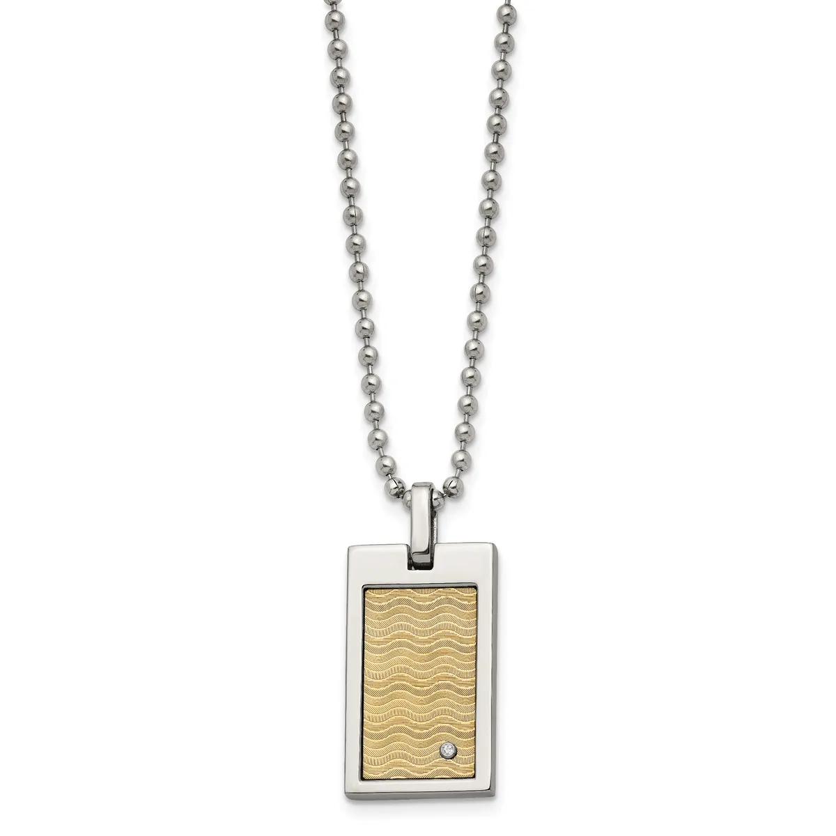 Stainless steel chain necklace with a rectangular pendant featuring a gold-colored textured front panel and a small diamond accent.