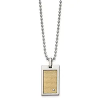 Stainless steel chain necklace with a rectangular pendant featuring a gold-colored textured front panel and a small diamond accent.