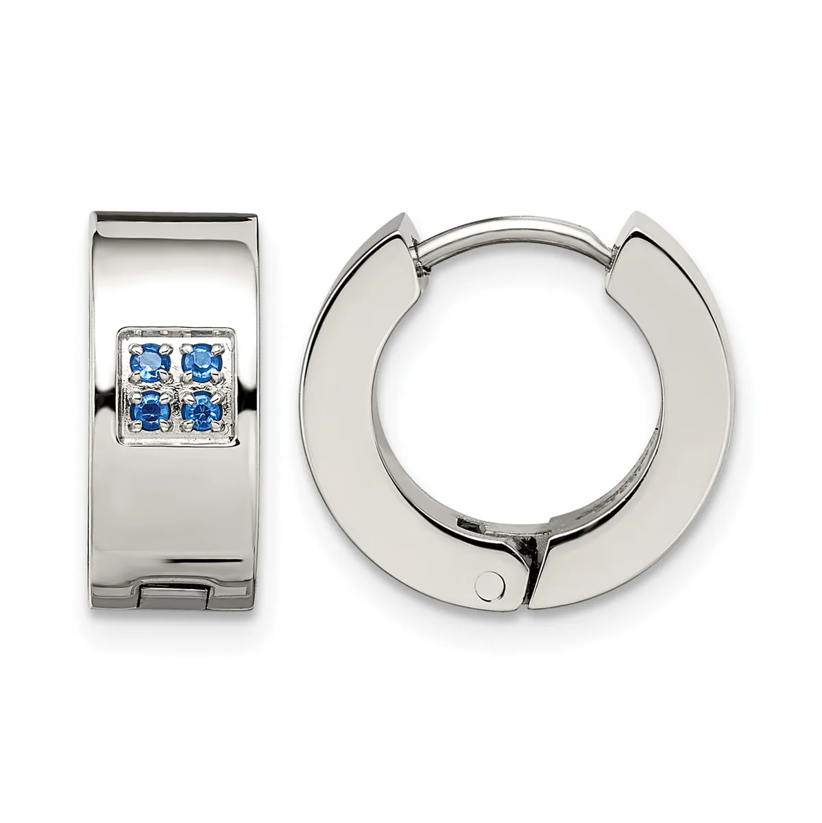 A pair of polished silver huggie earrings with square settings containing four small blue gemstones displayed side by side.