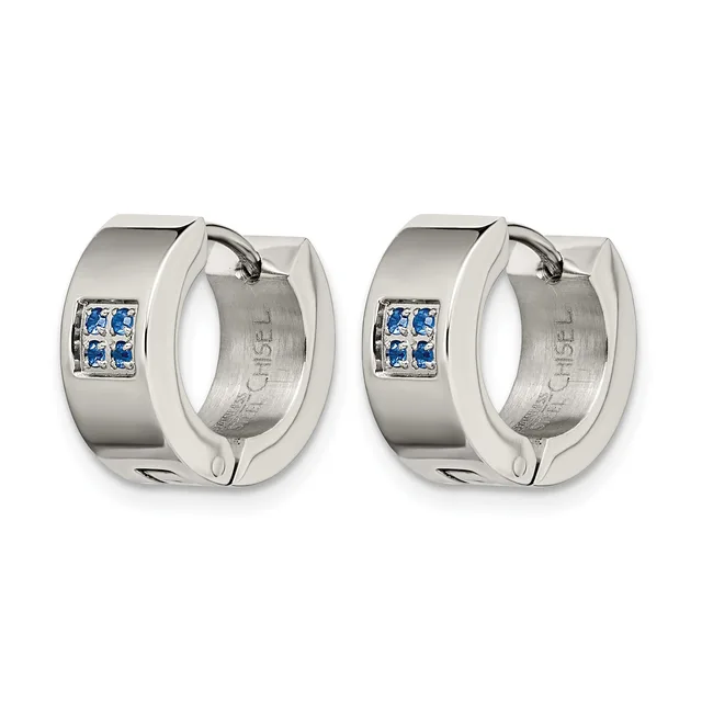 Pair of polished silver hoop earrings with blue square gemstones set on the front, shown from front and back views.