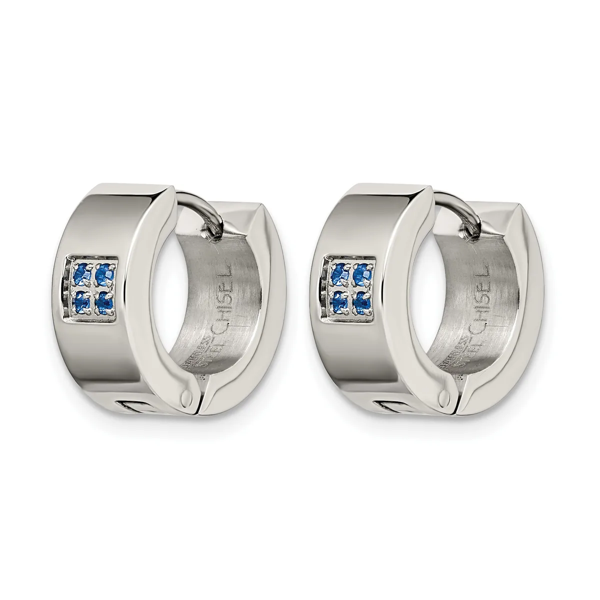 Pair of polished silver hoop earrings with blue square gemstones set on the front, shown from front and back views.