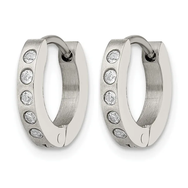 A pair of silver hoop earrings with a brushed finish, each decorated with five round cubic zirconia stones set in bezels along the outer edge.
