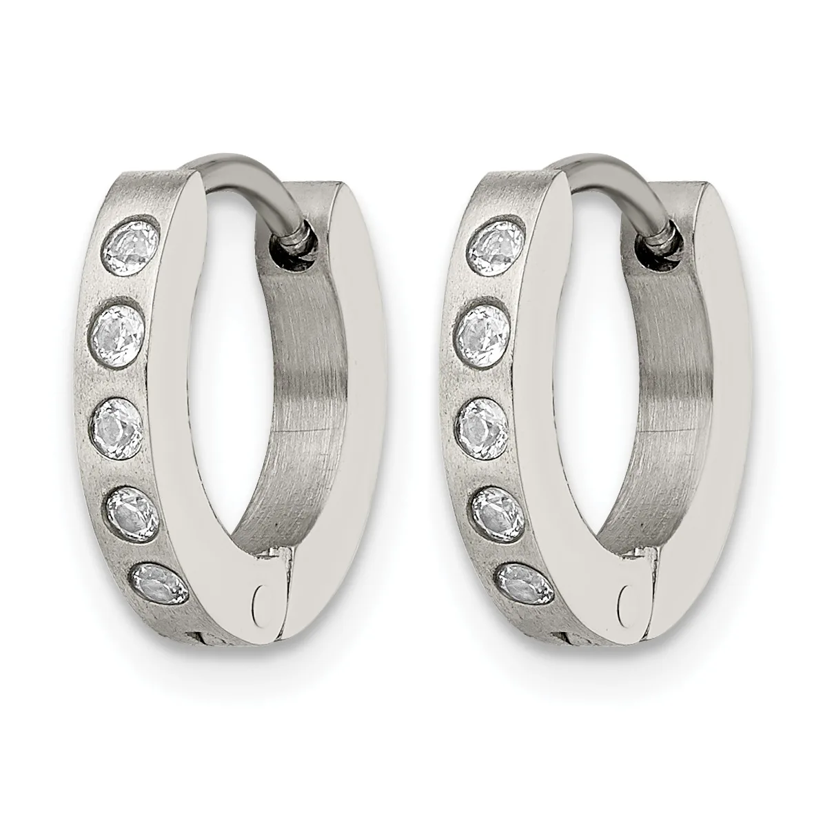 A pair of silver hoop earrings with a brushed finish, each decorated with five round cubic zirconia stones set in bezels along the outer edge.
