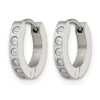 A pair of silver hoop earrings with a brushed finish, each decorated with five round cubic zirconia stones set in bezels along the outer edge.