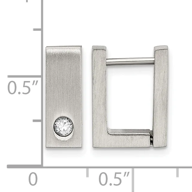A pair of silver-toned square hoop earrings with one featuring a clear round stone, shown next to a measurement scale indicating approximately 0.5 inches in height and width.
