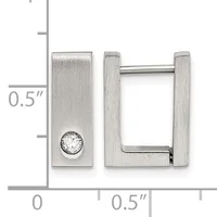 A pair of silver-toned square hoop earrings with one featuring a clear round stone, shown next to a measurement scale indicating approximately 0.5 inches in height and width.