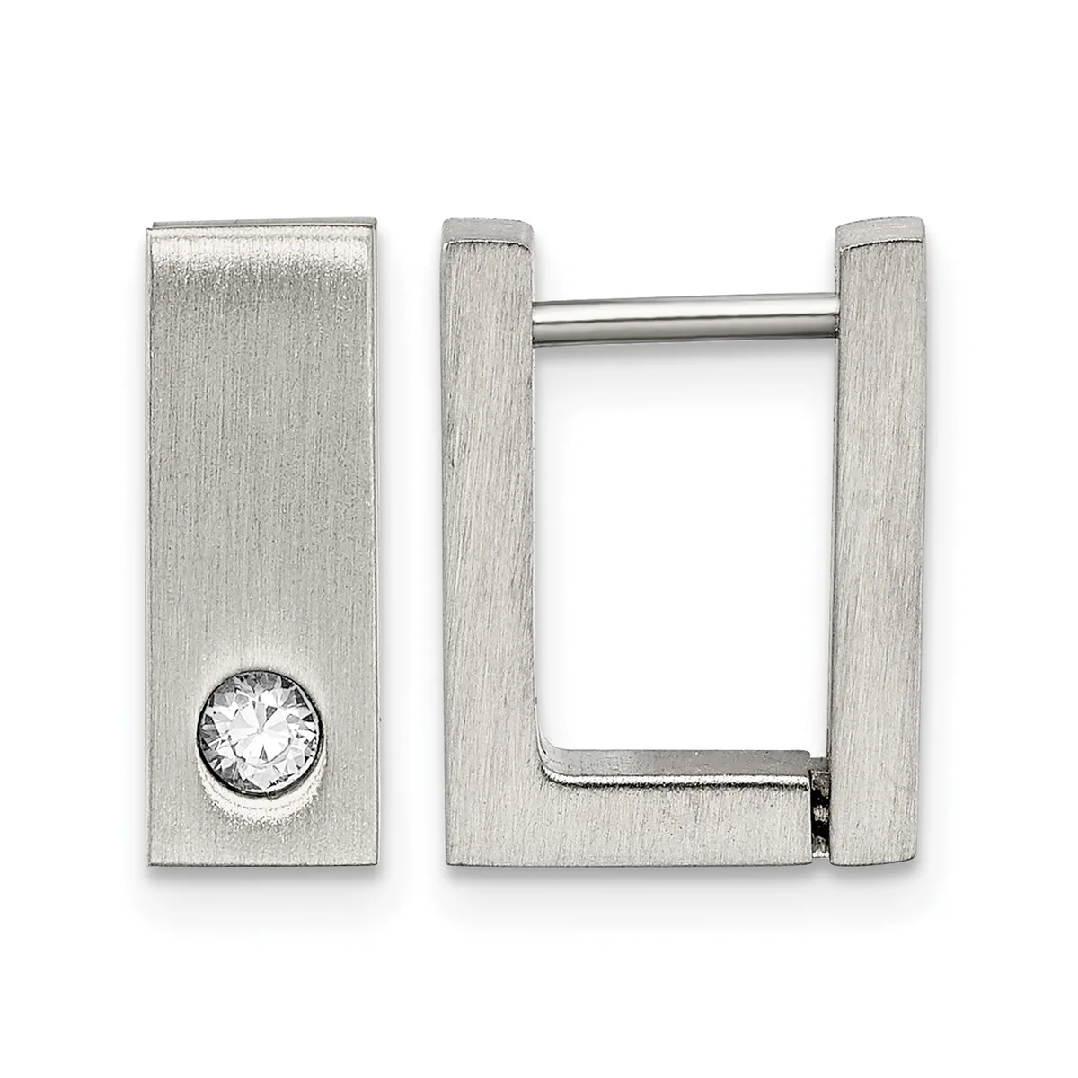 A pair of rectangular silver-toned hoop earrings, one featuring a round clear crystal stone set into the flat surface.