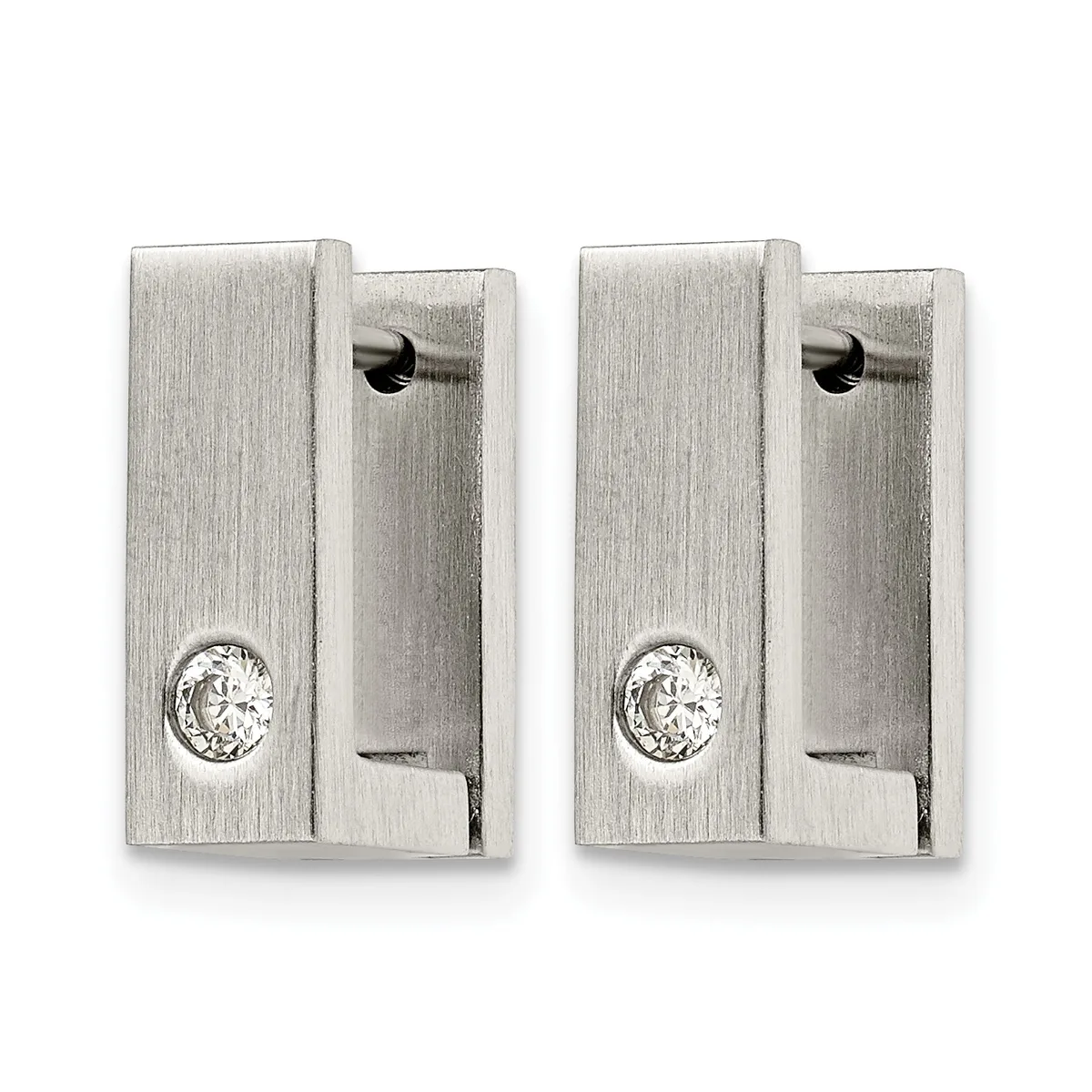 Two matching brushed silver rectangular door knobs with clear crystal stone accents and metal mounting hardware shown from front and side views.