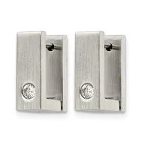 Two matching brushed silver rectangular door knobs with clear crystal stone accents and metal mounting hardware shown from front and side views.