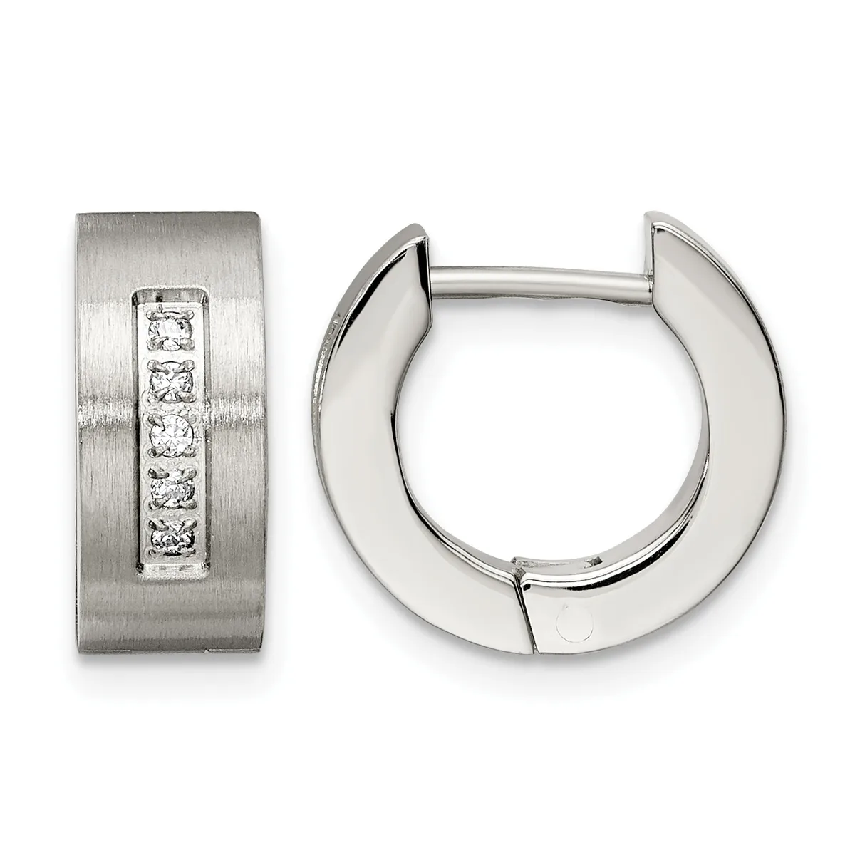 A pair of silver huggie hoop earrings with one featuring a brushed finish and a vertical line of five round diamonds, shown from front and side angles.