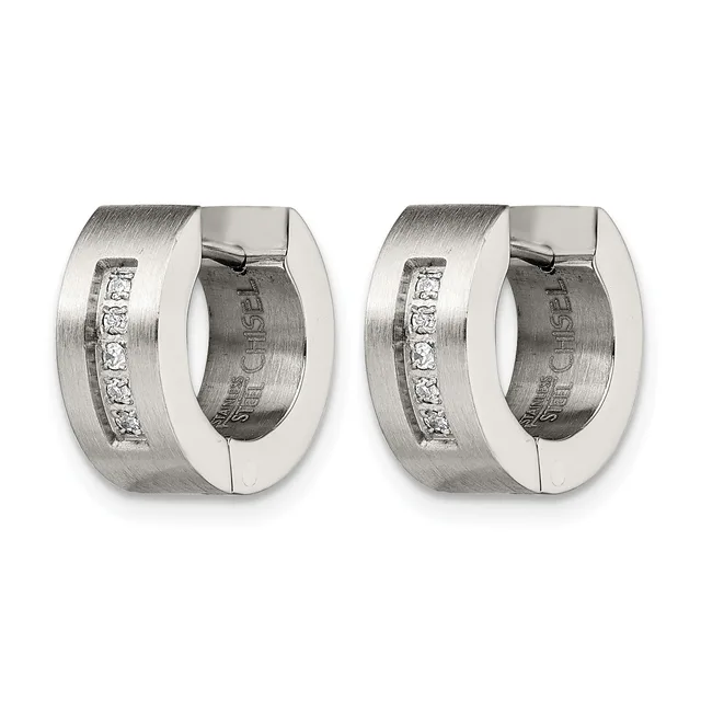 Pair of wide stainless steel huggie earrings with brushed finish and a channel of small cubic zirconia stones along the front, shown from front and back views.