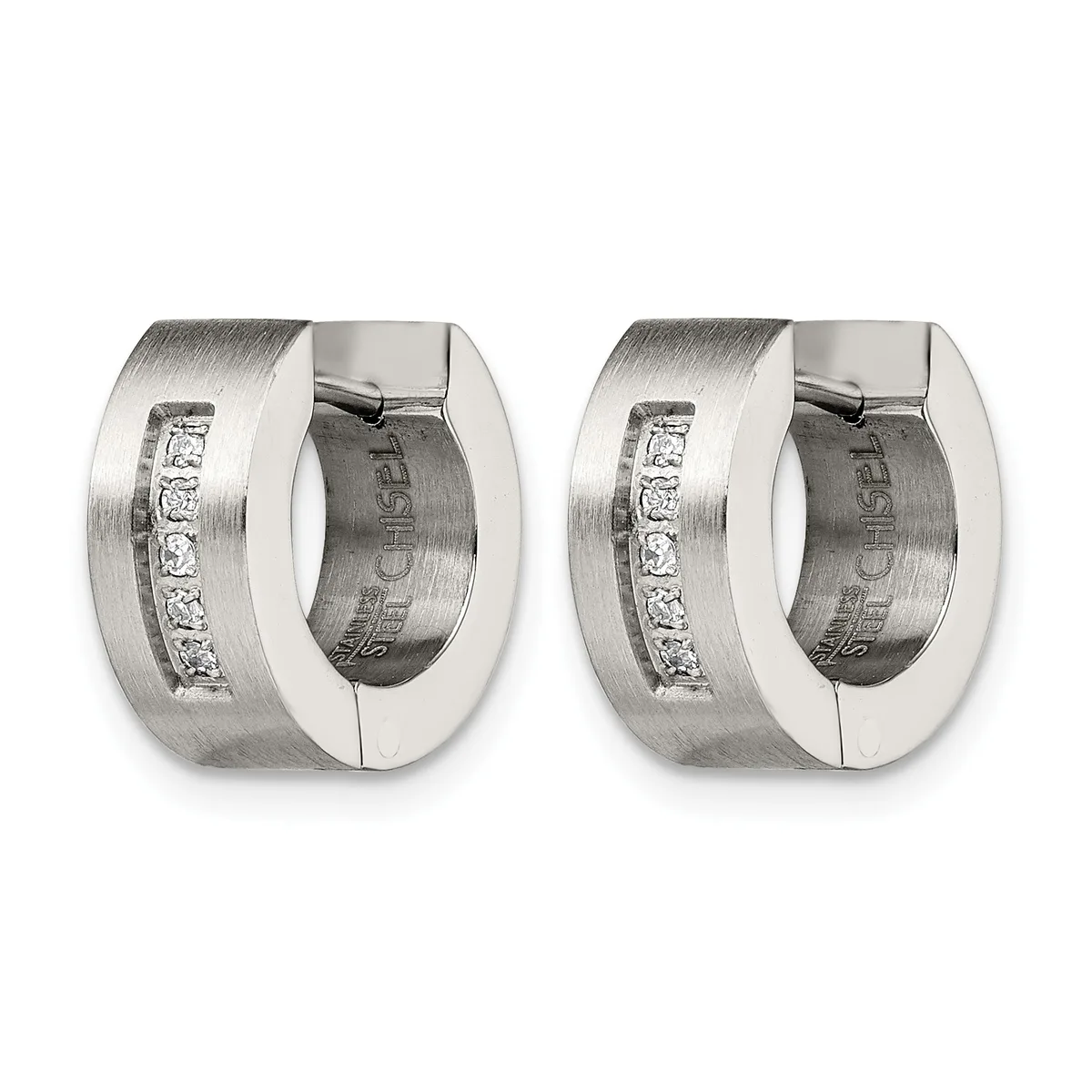 Pair of wide stainless steel huggie earrings with brushed finish and a channel of small cubic zirconia stones along the front, shown from front and back views.