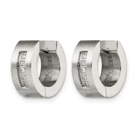 Pair of wide stainless steel huggie earrings with brushed finish and a channel of small cubic zirconia stones along the front, shown from front and back views.