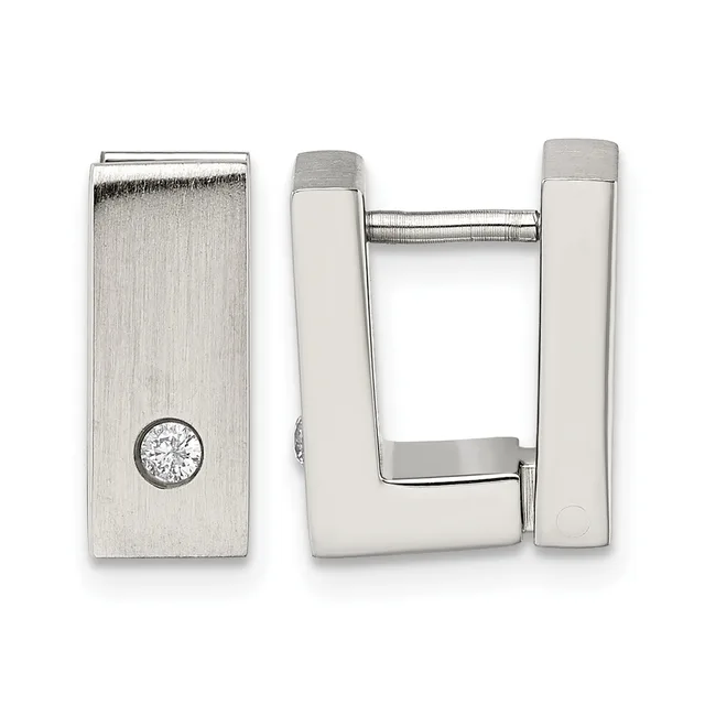 A pair of polished silver rectangular hoop earrings with a small diamond accent on one post, displayed against a white background.