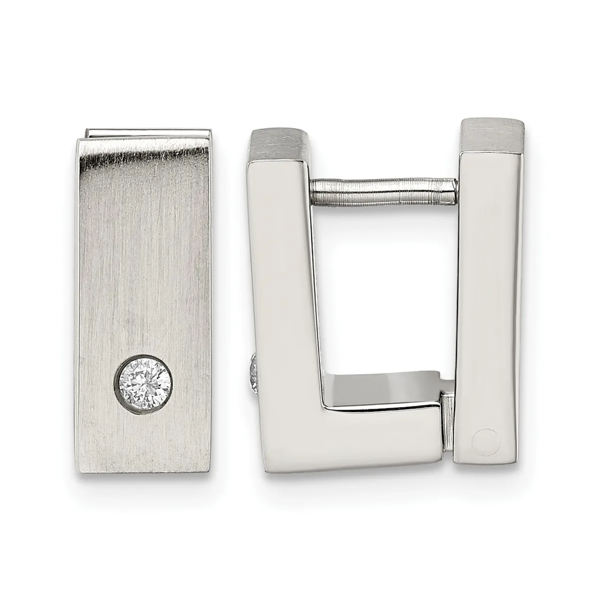 A pair of polished silver rectangular hoop earrings with a small diamond accent on one post, displayed against a white background.
