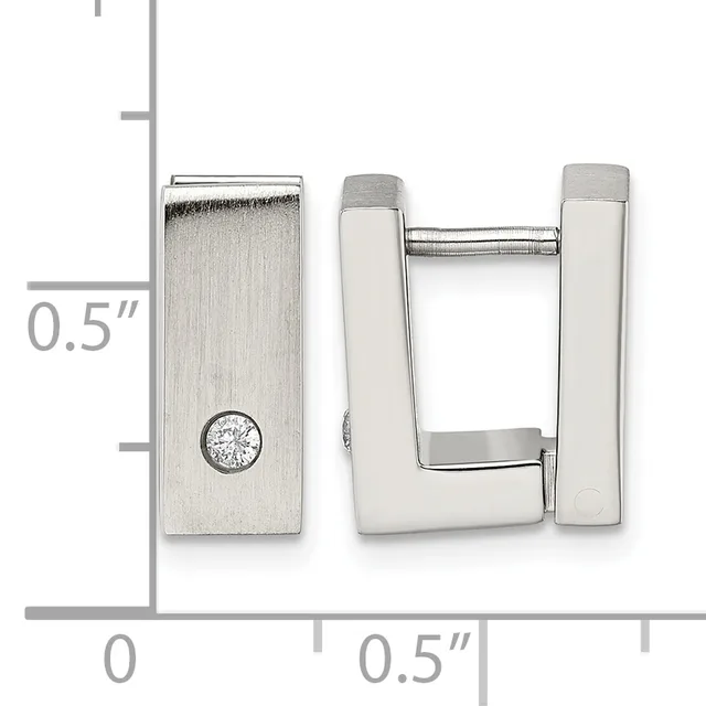 Silver-tone rectangular hinge earrings with a polished finish, shown open and closed with a measurement scale indicating approximately 0.5 inches in height.