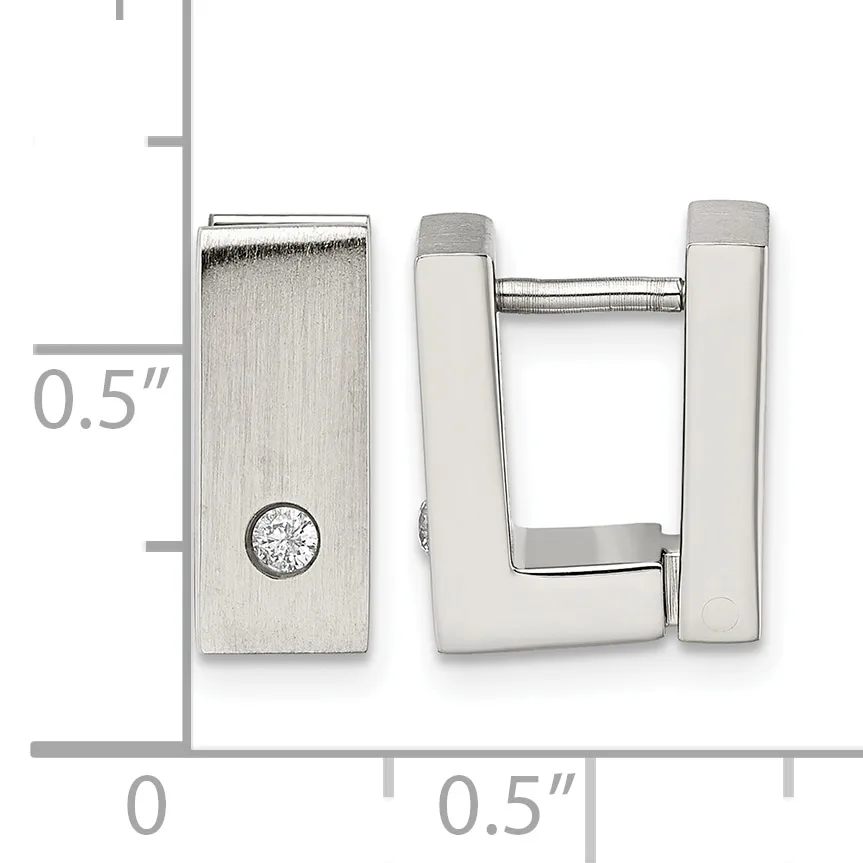 Silver-tone rectangular hinge earrings with a polished finish, shown open and closed with a measurement scale indicating approximately 0.5 inches in height.