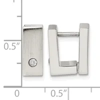 Silver-tone rectangular hinge earrings with a polished finish, shown open and closed with a measurement scale indicating approximately 0.5 inches in height.