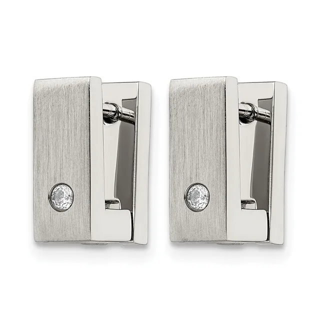 Pair of rectangular brushed silver clip-on earrings with polished silver backs and round crystal stone accents.