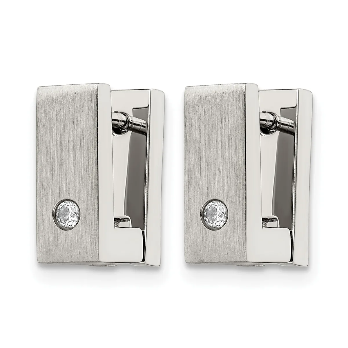 Pair of rectangular brushed silver clip-on earrings with polished silver backs and round crystal stone accents.